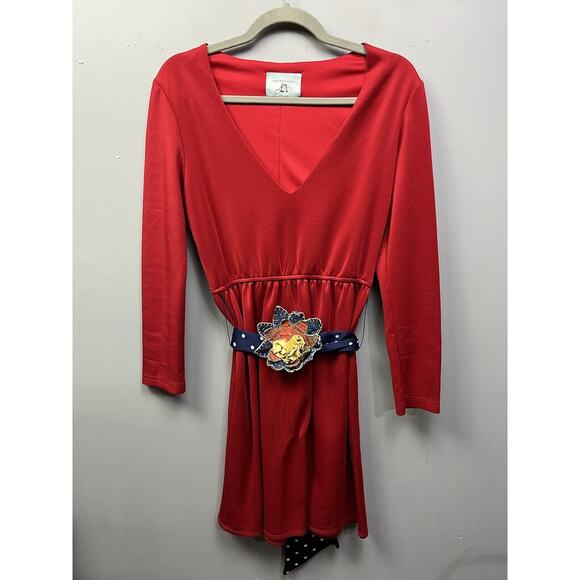 Judith March‎ Dress Womens size Large Red Knit Mini V Neck Floral Polka dot belt - Picture 1 of 7